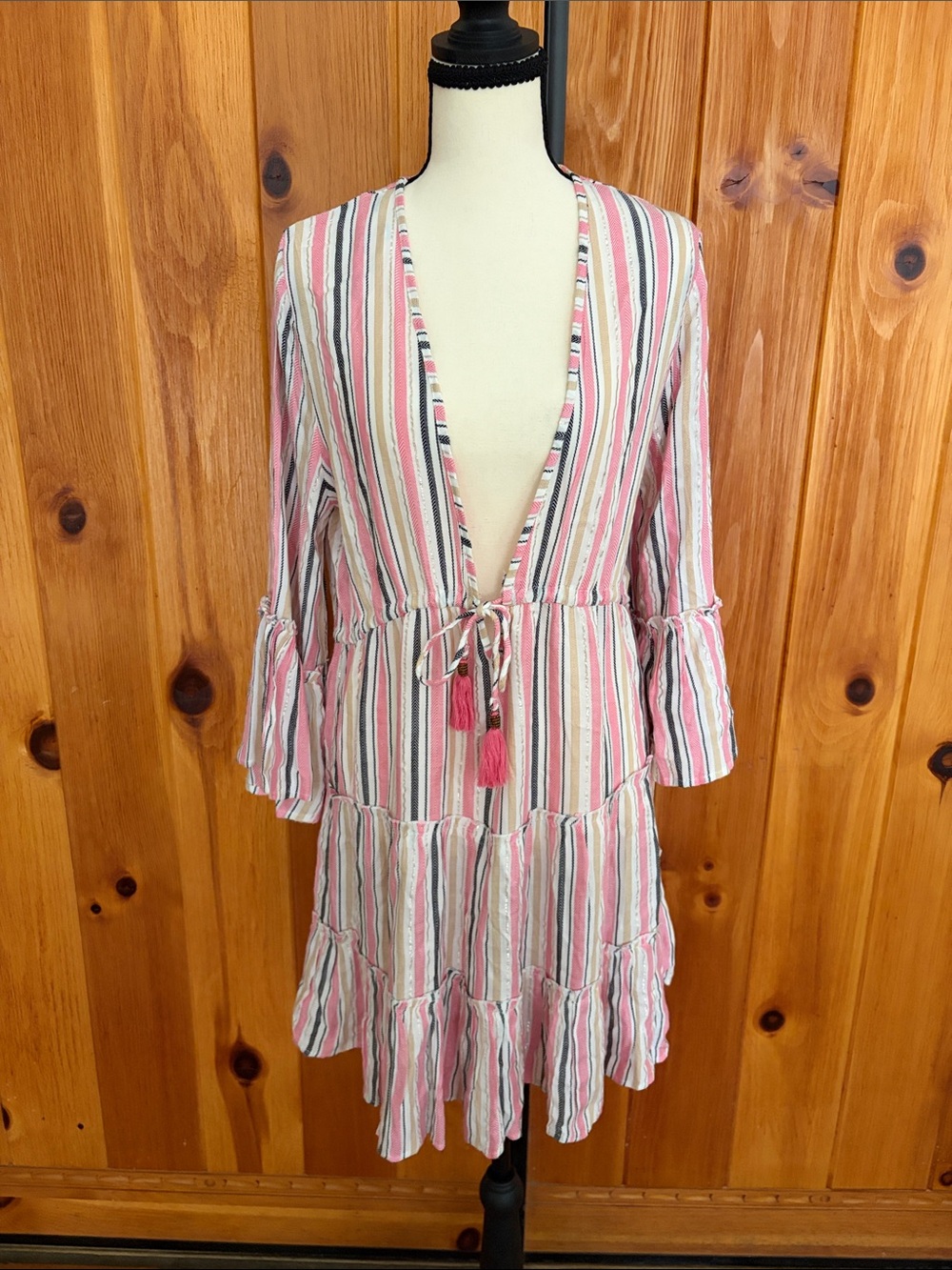 NWT Blue Island Beach Striped Tassel Swim Cover Up Large